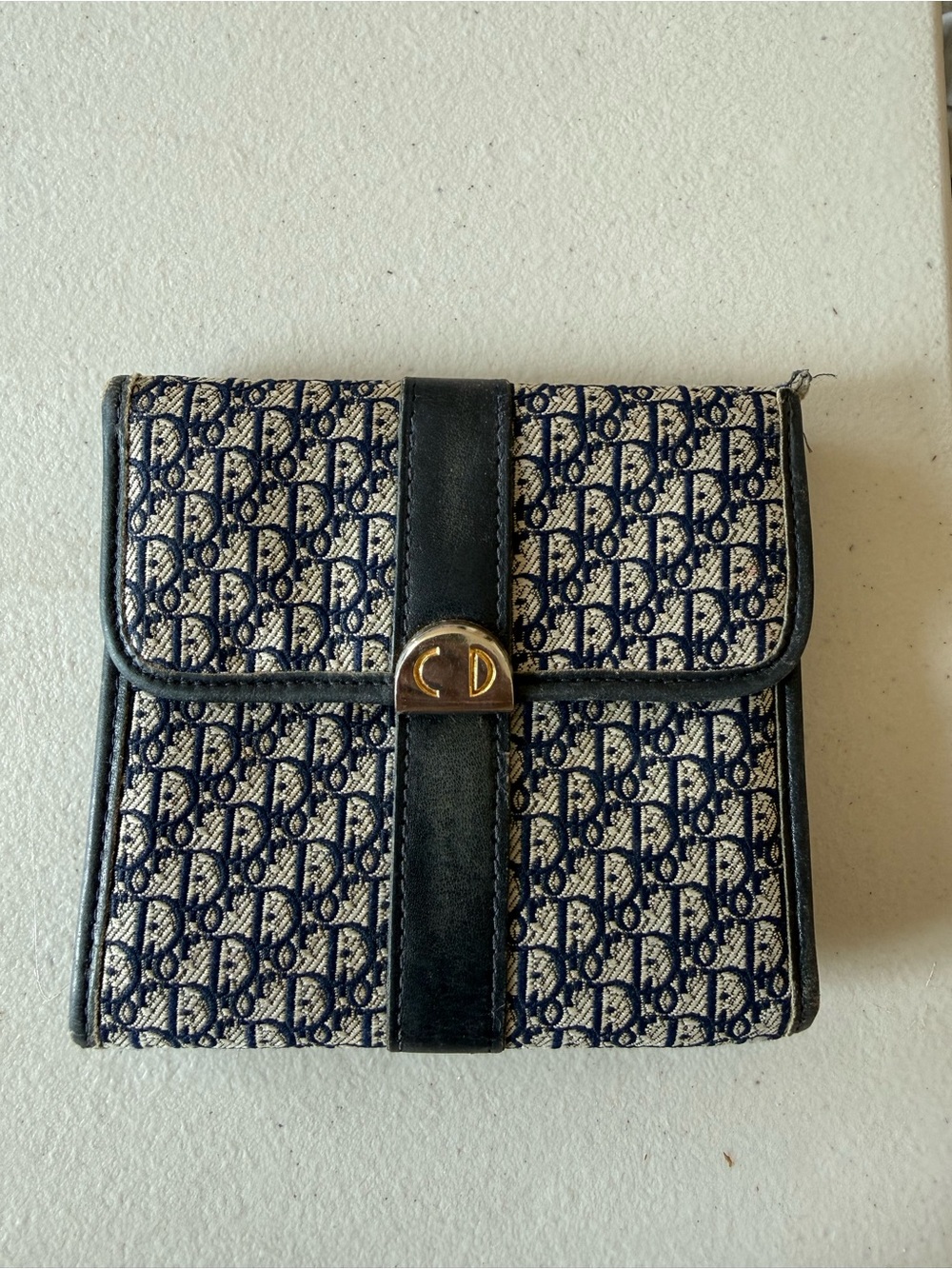 Vintage Dior Navy and Cream Monogram Compact Wallet with CD Clasp